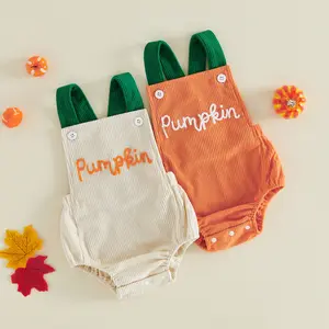 Newborn Infant Baby Girls Boys Rompers Halloween Clothes Pumpkin Letter Embroidery Corduroy Overalls Sleeveless Bodysuits Jumpsuits