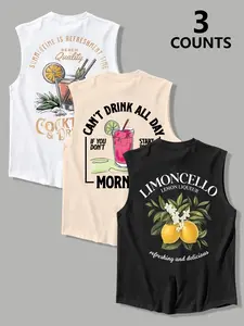 3-Pack Lemon Cocktail Print Sleeveless T-Shirts, Summer Loose Fit Breathable Sporty Tank Tops, Casual Vacation Trendy Men's Clothing