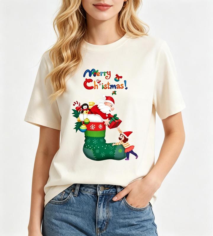 Women's Pure Cotton Lightweight Crew Neck Short Sleeve Santa Graphic T-Shirt - Beige Cute Clothes with Adorable Print, Merry Christmas Holiday Casual Gift #sohochic