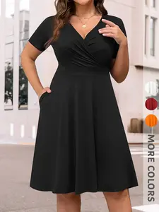 New Spring Summer Women's V Neck Dress with Side Pockets, A-Line Knee Length, Elegant Fashion Versatile Chic High-End Feel