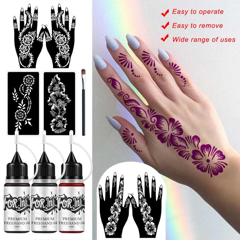 Temporary Tattoo Ink Set, 3 Bottles Hand-Drawn Tattoo Ink & 6 Hollow Template Stickers, Henna Stencil, Body Art, Party, Halloween, Graduation, Beach Vacation