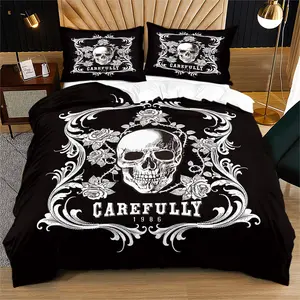 Dark Punk Skeleton pattern, soft and durable bed quilt cover set, including 1 quilt cover and 1 or 2 pillowcases, without a core or pillowcore, suitable as daily gifts for birthdays and holidays, Soft Bedding Sets