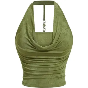 Women's Plus Size Halter Draped Front Backless Tank Top Sleeveless Y2k Crop Tops