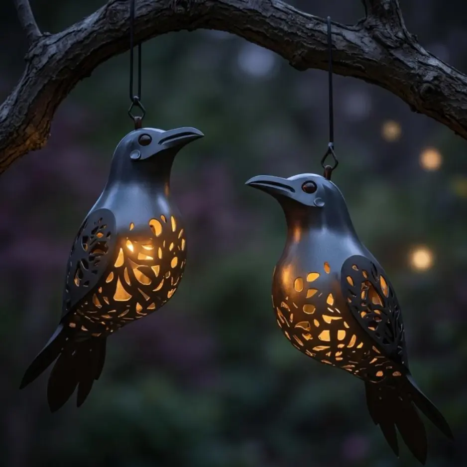 2-Pack Halloween Hanging Crow Lanterns - Cutout Pattern Raven LED Lights, Spooky Gothic Outdoor/Indoor Decor for Tree Porch, Festive Holiday Gift Props
