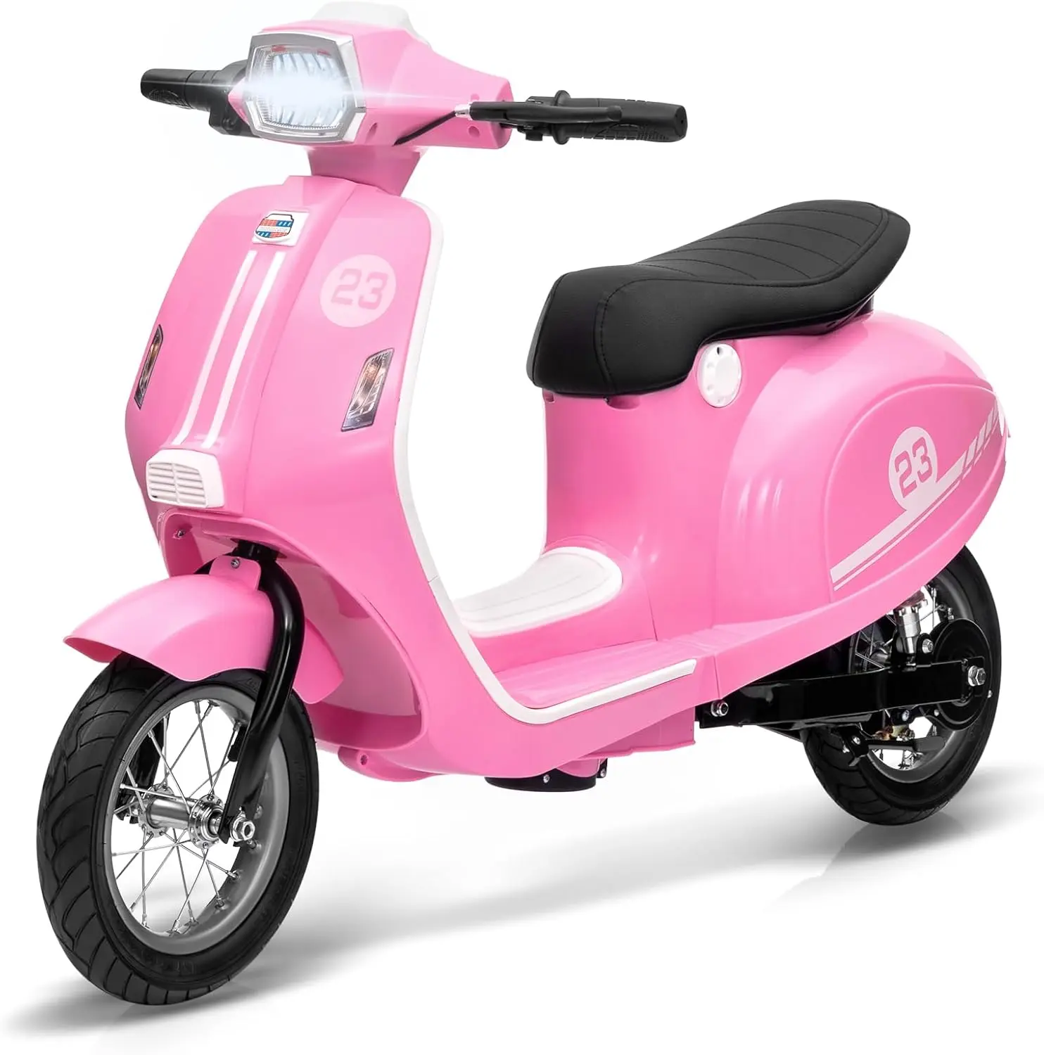 【Christmas Gift】Pink 24V 350W Electric Moped Scooter for Kids Ages 8-12, Rear Wheel Drive, Waterproof Design, Rear Brake, Twist Grip Throttle, LED Lights, Pneumatic Tires, Shock Absorbing Springs