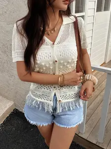 Summer Hollow Out Polo Neck Cardigan with Handmade Small Round Balls, Fashion Elegant Loose Fit Knit Sweater Short Sleeve Outerwear