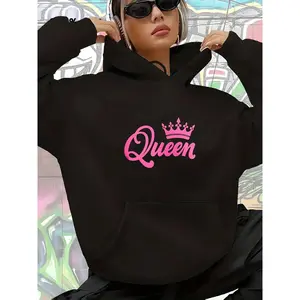 Queen Crown Printed Hoodie - Women's Casual Long Sleeve Pullover Hooded Sweatshirt, Soft Cotton Blend, Comfortable Fleece Lined, Perfect For Daily Wear, Street Style, Or As A Fashion Gift