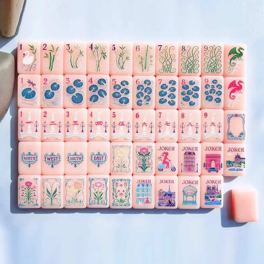 Pink Aesthetic American Mahjong Set ,Cute Acrylic Tiles With Unique Paris & Lotus Designs , Luxury Crystal Feel Game Kit , Perfect Gift For Mahjong Fan