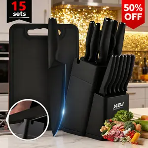 XBJ Knife Set, 15-piece kitchen knife set, built-in sharpener, high-carbon stainless steel blades, sharp and rust-resistant, includes a built-in sharpener and kitchen scissors, dishwasher safe, black.