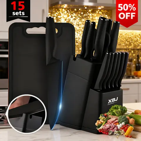 XBJ 15-Piece Stylish Black German High-Carbon Stainless Steel Knives Kitchen Set with On-Block Sharpener, Curved-Grip Control, Durable, Rust-Resistant, Dishwasher Safe, Steak Knives, Kitchen Scissors for Home Cooking