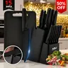 XBJ 15-Piece Stylish Black German High-Carbon Stainless Steel Knives Kitchen Set with On-Block Sharpener, Curved-Grip Control, Durable, Rust-Resistant, Dishwasher Safe, Steak Knives, Kitchen Scissors for Home Cooking