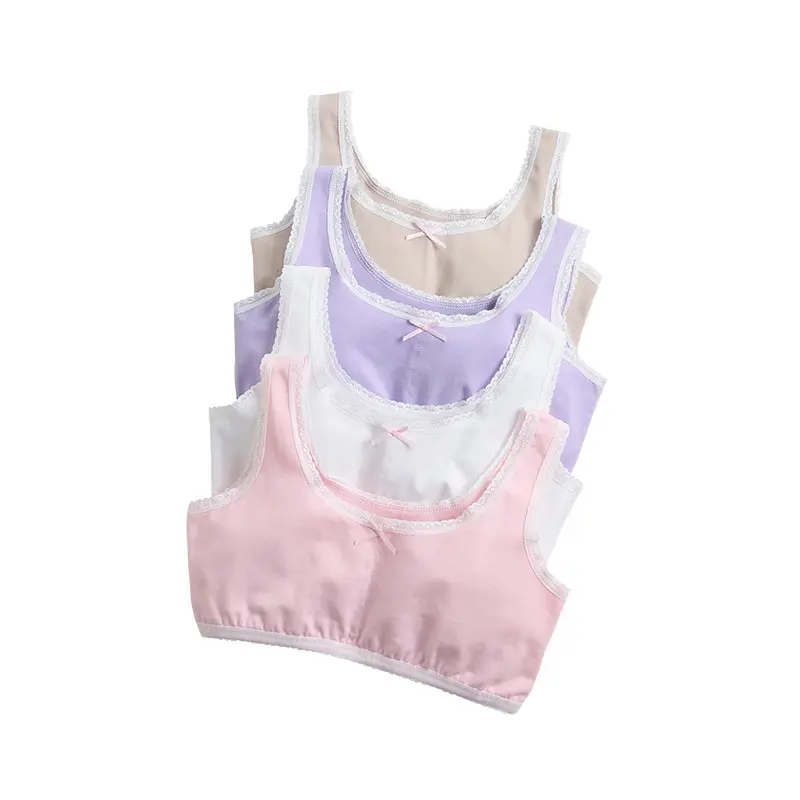 Girls' 4-Piece Breathable Cotton Short Sleeve Scoop Neck Blouse Set with Lace Trim, Solid Colors, Comfortable Everyday Wear for Ages 7-16 Teenage Girls (Short Sleeve Tops)