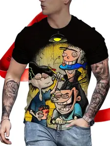 Men's Cartoon Anime Graphic Print Short Sleeve T-Shirt, Streetwear Casual Fashion Couple Matching Bottoms, Pure Cotton Long Fitted Top for All Seasons