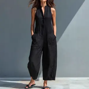 Lady's Basic Casual Sleeveless Stand Collar Pocket Overalls, Women's Jumpsuit Set