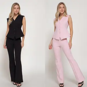 2-piece set: flare knit pants with center pintuck seams and a V-neck knit vest with shoulder pads