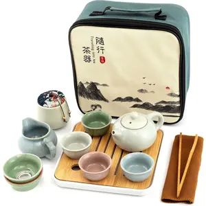 12 Piece Mini Portable Travel Ceramic Kungfu Tea Set With Teapot, 4 Tea Cups, Bamboo Tea Tray, Tea Canister, Travel Bag, Suitable for Office Picnic Home Business Trip