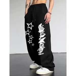 Men's Star Print Letter Embroidery Sweatpants, Regular Fit Casual Comfy Jogger Pants for Daily Wear, Fashion Men's Trousers for All Seasons