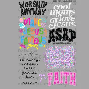 Cool moms Love Jesus Mini DTF Transfer Gang Sheet 24.5" Wide x 36" Long Direct To Film Trendy Vibrant Designs for Stylish Wardrobe