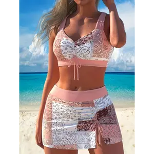 FSTVE [2 Piece Elastic Bikini] Women's Patchwork Bikini 2 Piece Set - Ethnic Print Elastic V-Neck Swimsuit - Women's Swimwear & ClothingSummer