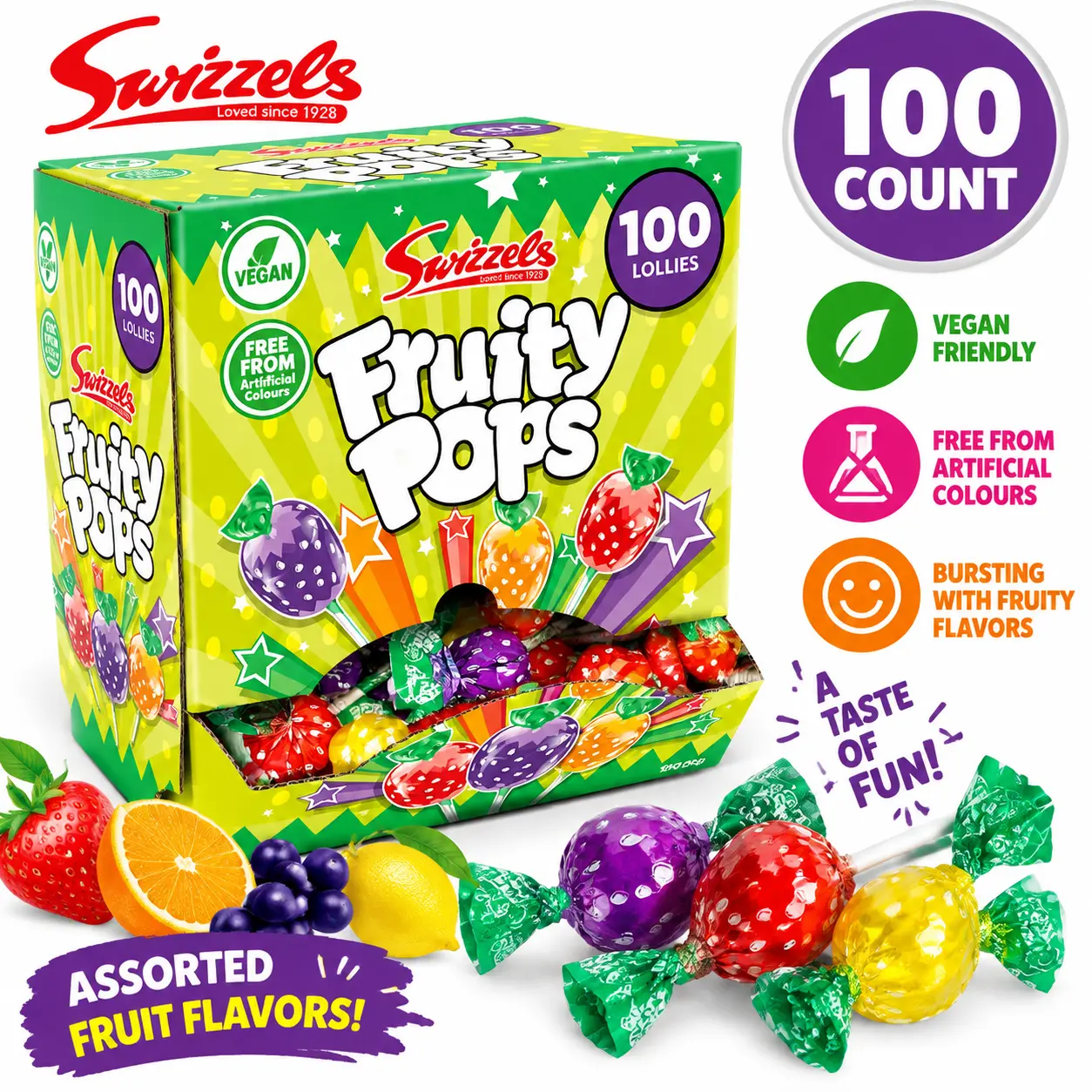 Swizzels UK Import Fruity Pops Assorted Fruit Lollipops 100 Count Changemaker Tray Candy Pops