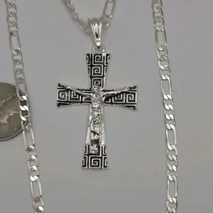 CHRIST ON THE CROSS silver-plated figaro chain 4MM 24"inches religious design SILVER OVER STAINLESS STEEL