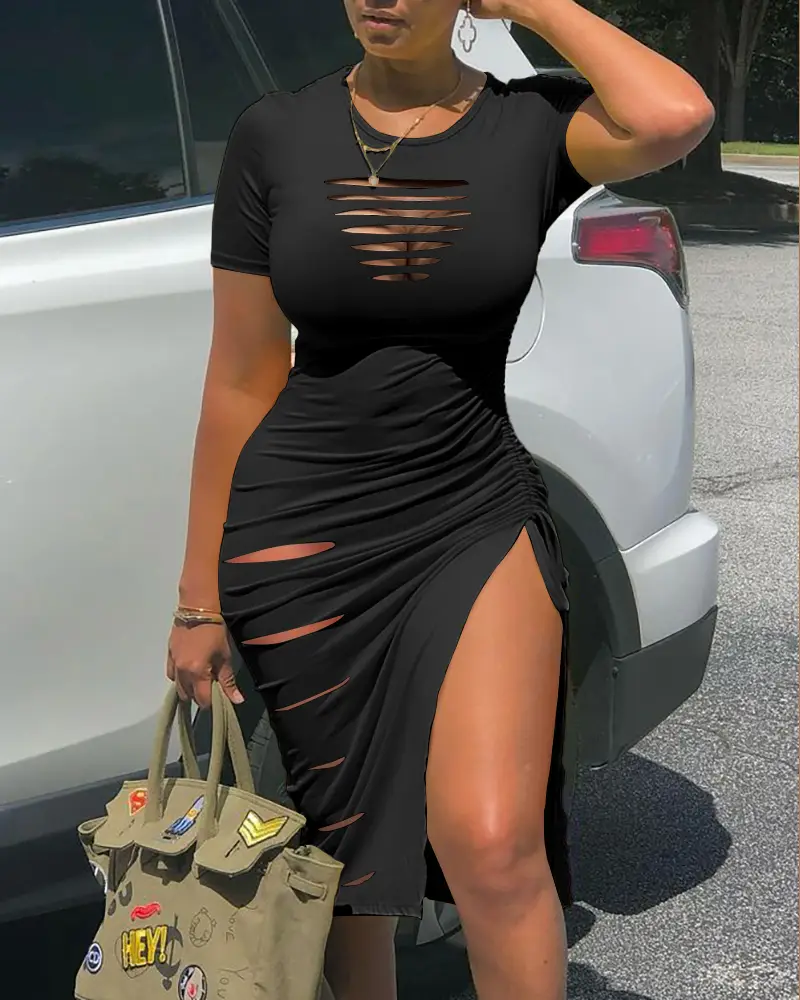 ChicMe Ladder Cut Out Hollow Out Ruched Slit Bodycon Dress for Women Side Slit Drawstring Club Party Short Sleeve Midi Dresses