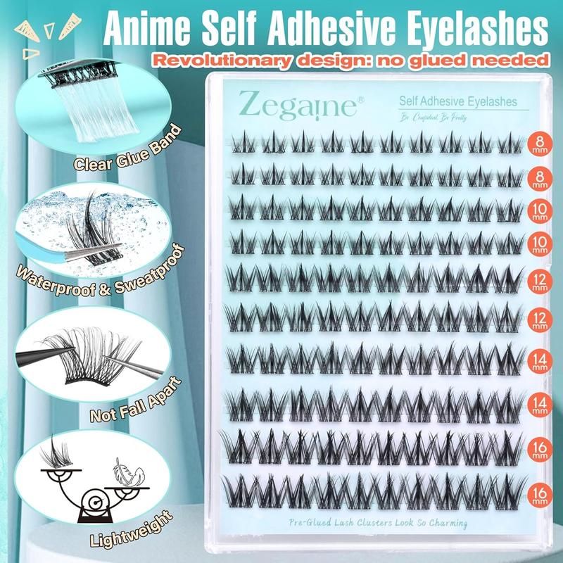 Manga Self Adhesive Eyelashes Extension Tool Natural Look Self Adhesive Lash Clusters No Glue Needed Asian Anime Pre Glued Lashes Natural Lash Clusters Reusable C-Curly Spiky Pre Glued Eyelashes 8-16MM