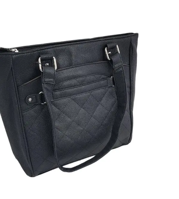Quilted Tote Bag Purse Hand Bag PU Leather Black Medium Size Conceal Carry Pocket Includes Holster