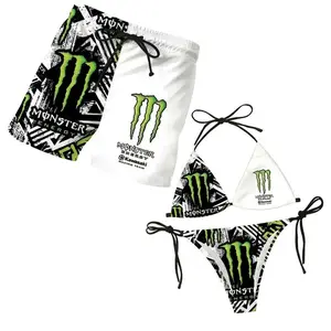 Monster Energy Collection Couples Matching Swimwear Set - Women's Triangle Tie-Side Bikini, Men's Beach Shorts, Summer Vacation Hawaiian Sports & Outdoor Outfit