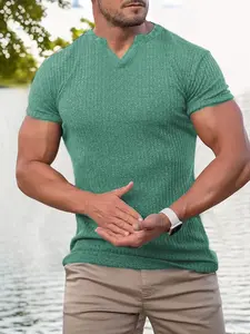 Men's Summer V Neck Textured Short Sleeve Fitted Shirt Top, Breathable Fabric, Casual Street Fashion, Perfect for Multiple Occasions, Must-Have Wardrobe Item