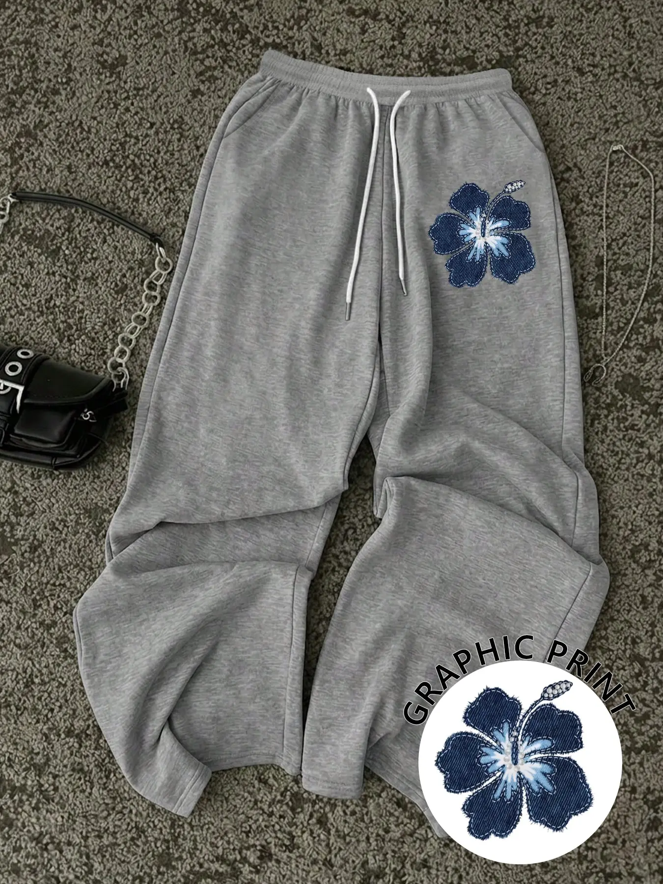Women's Hibiscus Print Wide Leg Oversized Baggy Sweatpants, Casual Streetwear Fashion Trousers, Bottom, for Daily Wear and Outting