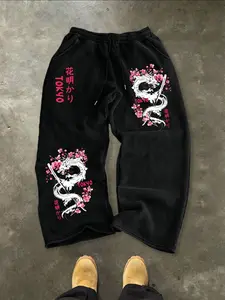 American Vintage Letter Dragon Print Drawstring Wide Leg Sweatpants, Loose Fit Casual Pants, Men's Summer Streetwear, Spring & Fall