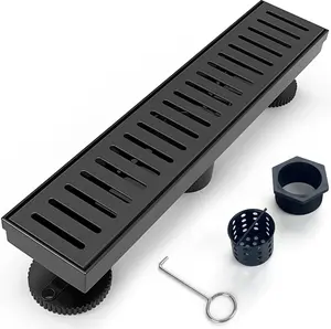 12 Inch Linear Shower Drain Bathroom Kitchen Matte Black Floor Drain Removable Capsule  Cover Accessories Shower Drain 304 Stainless Steel Drain with Hair Strainer Adjustable Leveling