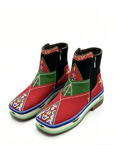Handmade Tibetan Style Embroidered Ankle Boots, Ethnic Square Toe Flat Leather Boots, Slip On Casual Breathable Shoes