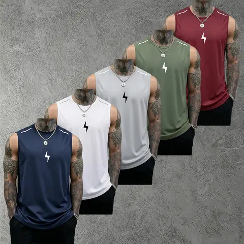 Men’s 5PCS Slim-Fit Polyester Muscle Tank Vests, Plain Solid Scoop Neck Soft Sleeveless Shirts for Bodybuilding, Casual Sports, Father’s Day Gifts for Husband, Black Dark Gray Light Gray Navy Blue Red