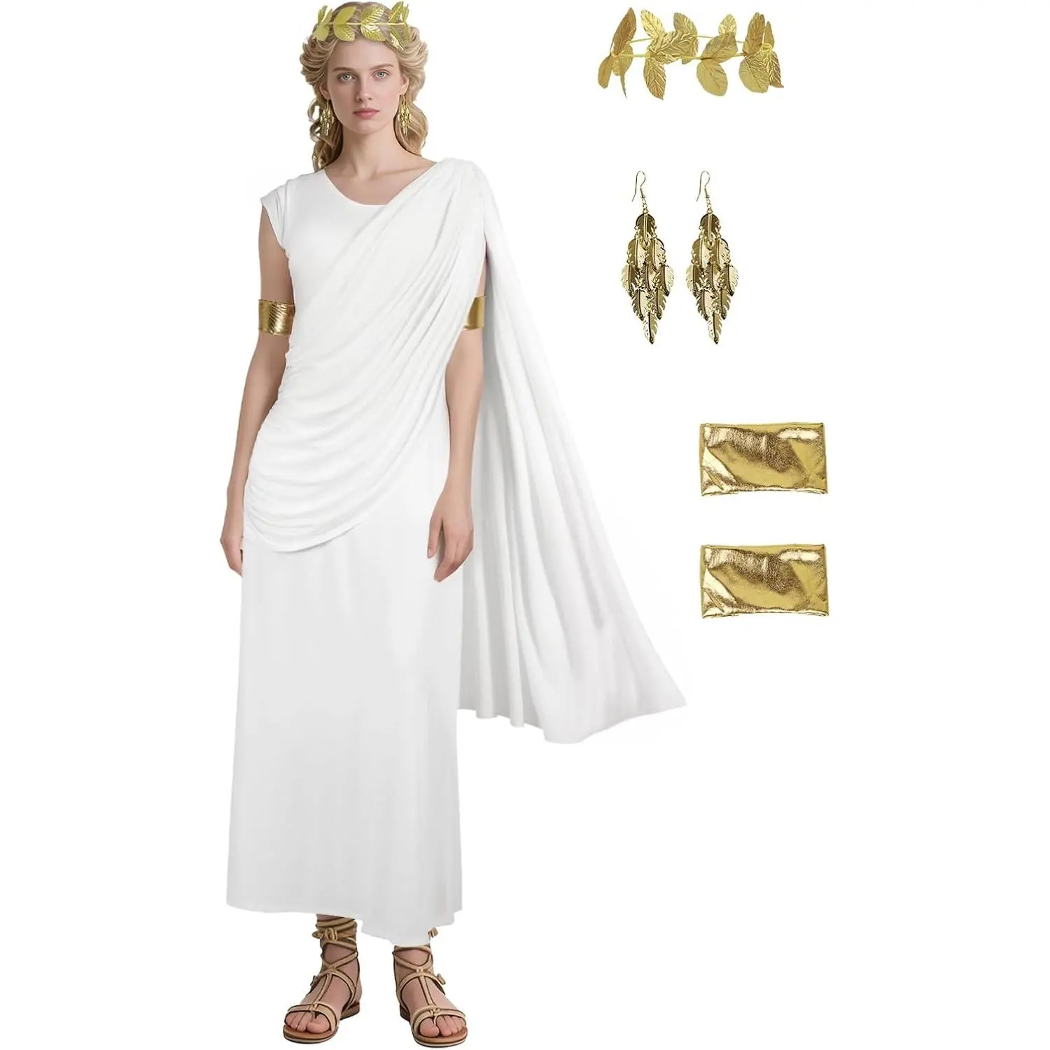 Womens Greek Toga Costume Set Halloween Cosplay Roman Goddess Grecian Outfit for Women