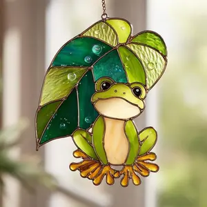 Frog with Monstera leaf Acrylic Suncatcher, Cute Animal Window Hanging, Cottagecore Garden Decor, Whimsical Gift for Nature and Frog Lovers