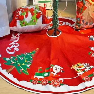 1 Counts Traditional style Christmas tree skirt - polyester Santa Claus and snowman design, holiday tree bottom decoration, durable and easy to clean