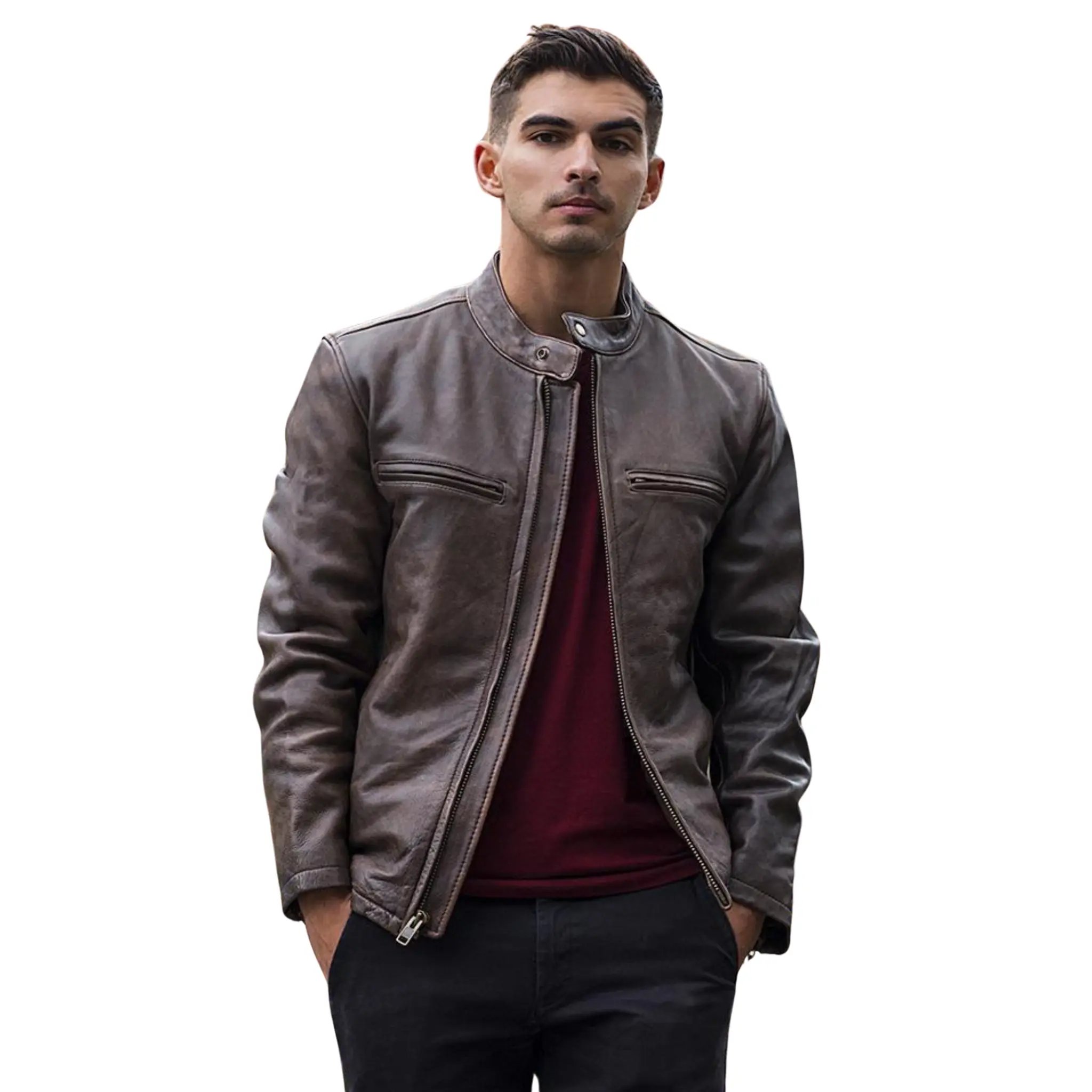 Men's Distressed Brown Cowhide Leather Bomber Jacket