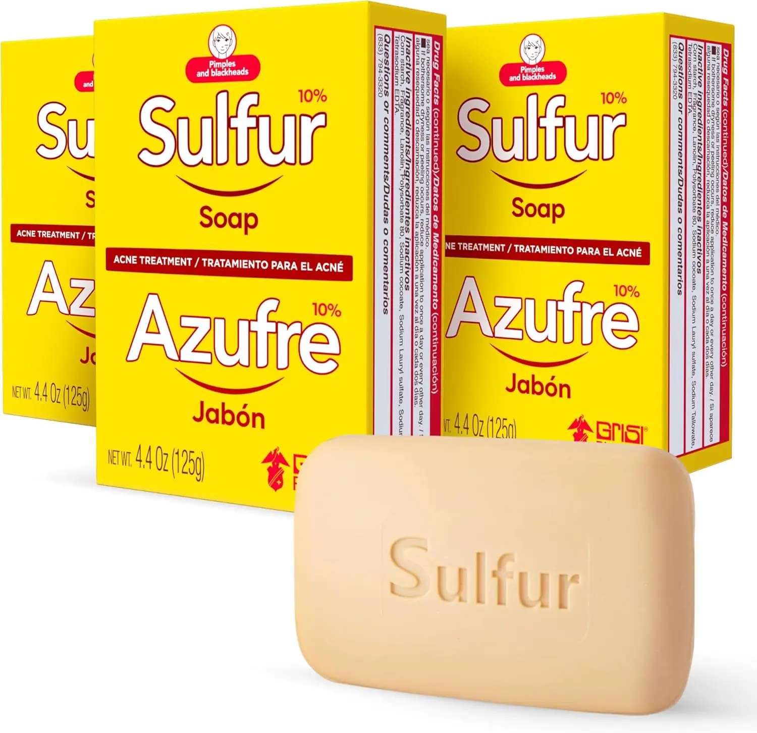 Sulfur Soap Jabon de Sufre Anti Acne Soap Bar 125g with Lanolin for Acne Pimples and Oily Skin Treatment Foam Cleanser Facial |3-pack|