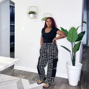 Black&White Ankara Cargo Pants with Drawstring Elastic Waistband and Deep Side Pockets for Casual African Print Streetwear Fashion