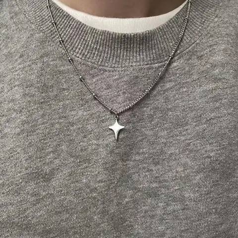 Unisex 4-Point Star Stainless Steel Dainty Necklace - Plain Solid Minimalist Chain & Link, Casual Daily Wear Fashion Jewelry for Women, Wear-Resistant Design