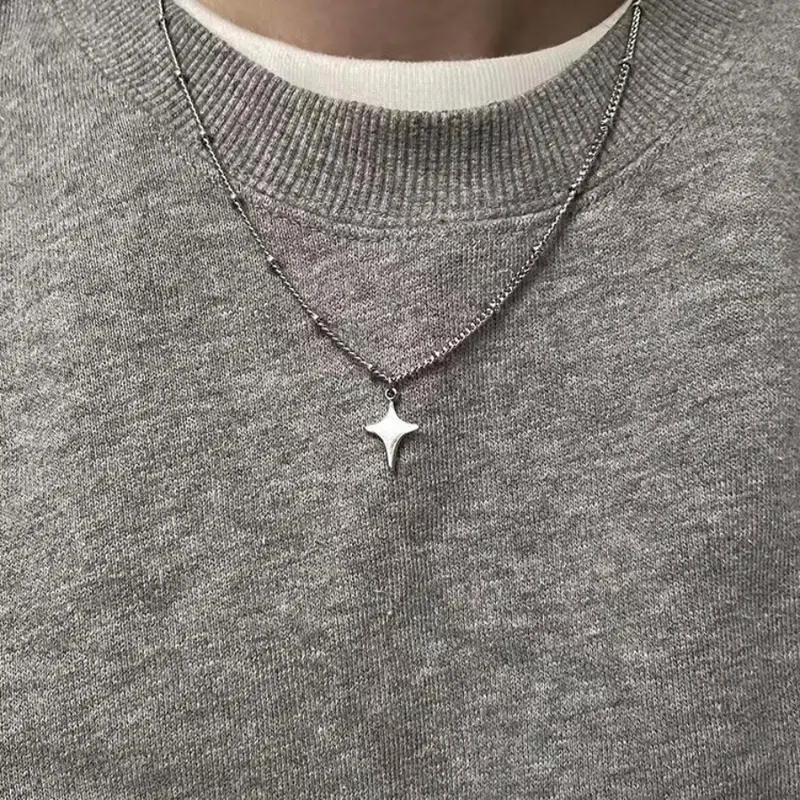 Unisex 4-Point Star Stainless Steel Dainty Necklace - Plain Solid Minimalist Chain & Link, Casual Daily Wear Fashion Jewelry for Women, Wear-Resistant Design