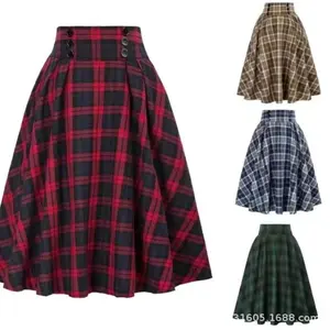 Cross border autumn and winter new flannel high waisted half skirt for women, retro plaid large swing A-line skirt, slim and elegant