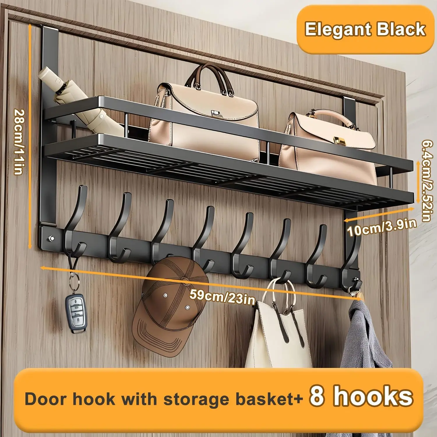 1pc Heavy-Duty Metal Over-the-Door Storage Rack with Adjustable Hooks & Shelves - Space-Saving Organizer for Bedroom, Bathroom, Entryway - Easy Installation with Screws or Adhesive, Holds Bags, Hats, Keys, Towels, Utensils - Durable Painted Finish Over-th