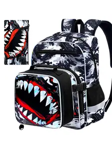 16" Shark Backpack for Boy, 3Pcs School Bookbag for Elementary Preschool Kindergarten, Kids Backpacks with Lunch Box (Black)
