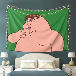 Peter Griffin Themed Tapestry Wall Hanging - Soft Peach Light Beige Polyester Fabric, Horizontal Design for Living Room & Bedroom Decor