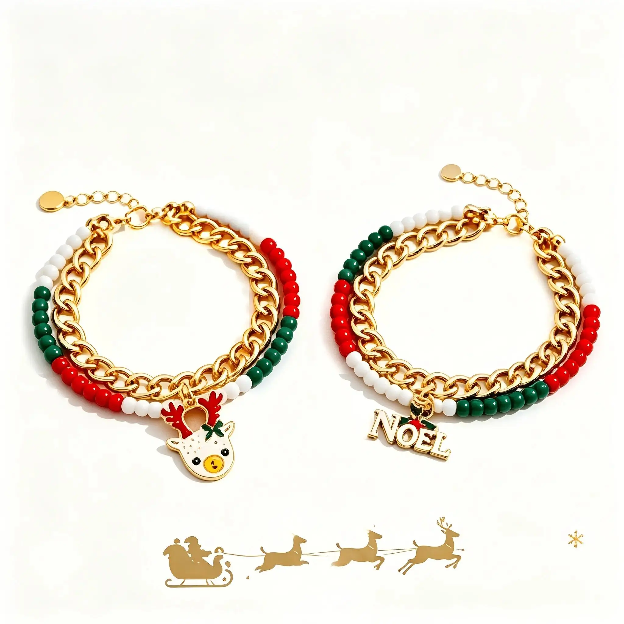 Christmas Bracelet Set for Women, 2PCS Red Green Beaded Charm Bracelets, Reindeer & Noel Pendant Holiday Jewelry Gift for Xmas Party