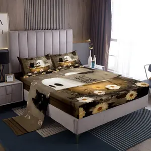 Cute Ghost Bed Sheets Set,Kids Vintage Halloween Fitted Sheet for Boys Girls,Black Cat Soft Microfiber Room Decor