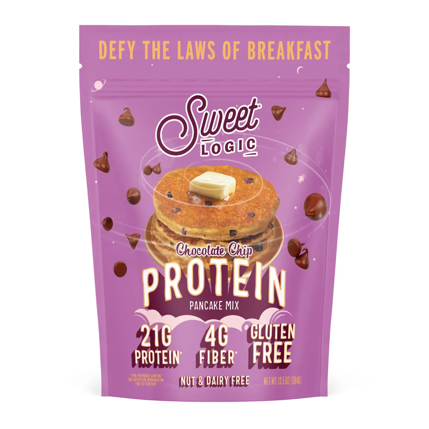 Sweet Logic Protein Pancake & Waffle Mix, 21g Protein, 4g Fiber, Gluten Free, Dairy Free with Collagen, Low Sugar, Nut Free, Chocolate Chip Flavor, 13.5 oz Bag, 6 Servings